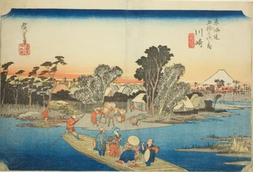 Kawasaki: De Rokugo-veerboot, uit de serie "Drieënvijftig stations van de Tokaido," ook bekend als de Hoeido Tokaido