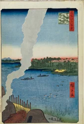 Ovens en de Hashiba-veerboot op de Sumida-rivier Honderd Beroemde Zichten van Edo, 1856-1858