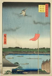 Komagata Hall en Azuma Brug (Komagatado Azumabashi), uit de serie "Honderd Beroemde Zichten van Edo (Meisho Edo hyakkei)"