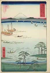 Kurodo Bay in de provincie Kazusa (Kazusa Kurodo no ura), uit de serie Zesendertig gezichten op de berg Fuji (Fuji sanjūrokkei)