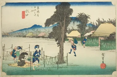 Minakuchi: Gedroogde Kalebasschillen, een Lokale Specialiteit, uit de serie "Drieënvijftig Stations van de Tokaido," ook bekend als de Hoeido Tokaido