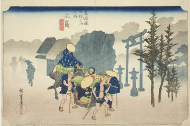 Mishima: Ochtendmist (Mishima, asagiri), uit de serie "Drieënvijftig Stations van de Tokaido Weg (Tokaido gojusan tsugi no uchi)", ook bekend als de Hoeido Tokaido