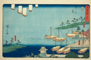 Miya: Shichiri veerbootovergang, poort naar het Atsuta-heiligdom, en Nezame-dorp (Miya, Shichiri no watashi, Atsuta no torii, Nezame no sato)—Nr. 42, uit de serie "Drieënvijftig Stations van de Tokaido (Tokaido gojusan tsugi)," ook bekend als de Reisho Tok
