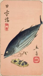 Ochtendmarkt bij Nihon-brug, deel van een blad uit de serie "Uitknipsels van beroemde plaatsen in Edo"