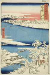 Musashi Provincie: Ochtend na sneeuw op de Sumida Rivier (Musashi, Sumidagawa yuki no ashita), uit de serie "Beroemde plaatsen in de zestig-odd provincies (Rokujuyoshu meisho zue)"