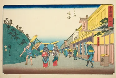 Narumi: Winkels die de Beroemde Tie-dye Stof Verkopen (Narumi, meisan shibori mise)—Nr. 41, uit de serie "Drieënvijftig Stations van de Tokaido (Tokaido gojusan tsugi)," ook bekend als de Reisho Tokaido