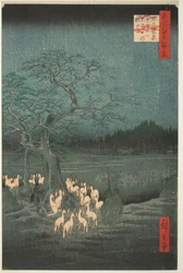 Oudejaarsavond Vossen Vuren bij de Veranderende Boom (Ōji shozoku enoki omisoka no kitsunebi), uit de serie Honderd Beroemde Zichten van Edo (Meisho Edo hyakkei)