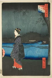 Nachtzicht op Matsuchi-heuvel en het San’ya-kanaal (Matsuchiyama San’yabori yakei), uit de serie "Honderd beroemde uitzichten van Edo (Meisho Edo hyakkei)"
