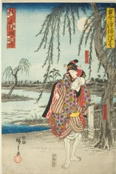 Ohan en Obiya Choemon op de vlucht in het drama Katsuragawa Renri no Shigarami, uit de serie "Een Verzameling van Oude en Moderne Drama