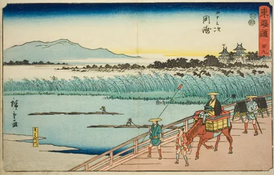 Okazaki: Yahagi Rivier (Okazaki, Yahagigawa)—Nr. 39, uit de serie "Drieënvijftig Stations van de Tokaido (Tokaido gojusan tsugi)," ook bekend als de Reisho Tokaido