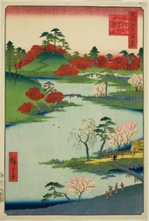 Opening van de tuin bij de Fukagawa Hachiman-schrijn (Fukagawa Hachiman yamabiraki), uit de serie "Honderd beroemde zichten van Edo (Meisho Edo hyakkei)"