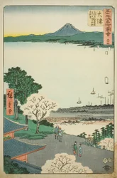 Otsu: Ver uitzicht op Otsu en het meer vanaf de Kannon Hal van de Mii Tempel (Otsu, Miidera Kannondo yori Otsu no machi kosui chobo), nr. 54 uit de serie "Beroemde bezienswaardigheden van de drieënvijftig stations (Gojusan tsugi meisho zue)"