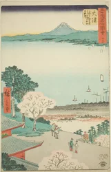 Otsu: Uitzicht op Otsu en het meer vanaf de Kannon-hal van de Mii-tempel (Otsu, Miidera Kannondo yori Otsu no machi kosui chobo), nr. 54 uit de serie "Beroemde bezienswaardigheden van de drieënvijftig stations (Gojusan tsugi meisho zue)," ook bekend als de