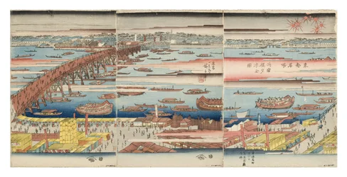 Panoramisch uitzicht op een zomeravond bij de Ryogoku-brug, c.1832-34