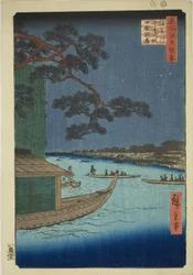Pijnboom van Succes en Oumayagashi, Asakusa Rivier (Asakusagawa Shubi no matsu Oumayagashi), uit de serie "Honderd Beroemde Uitzichten van Edo (Meisho Edo hyakkei)"