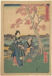 Pruimenbloesem bekijken in de derde maand bij de Sumida-rivier, uit de serie Jaarlijkse gebeurtenissen op beroemde plaatsen in de oostelijke hoofdstad (Tōto meisho nenjū gyōji sangatsu sumitagawa waka mōde)