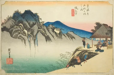 Sakanoshita: Top van de Fudesute-berg (Sakanoshita, Fudesute mine), uit de serie "Drieënvijftig stations van de Tokaido (Tokaido gojusan tsugi no uchi)," ook bekend als de Hoeido Tokaido