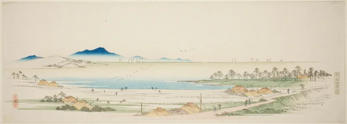 Zoutstrand bij Gyotoku (Gyotoku shiohama no zu), uit een ongetitelde serie van beroemde uitzichten op de buitenwijken van Edo
