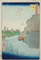 Verspreide dennenbomen aan de rivier de Tone (Tonegawa Barabara-matsu), nr. 71 uit de serie "Honderd beroemde vergezichten van Edo (Meisho Edo hyakkei)".