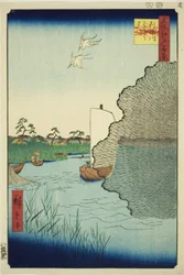 Verspreide dennen aan de Tone-rivier (Tonegawa Barabara-matsu), uit de serie "Honderd beroemde uitzichten van Edo (Meisho Edo hyakkei)"