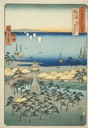 Settsu Provincie: Idemi-strand bij Sumiyoshi (Settsu, Sumiyoshi Idemi no hama), uit de serie "Beroemde plaatsen in de zestig-odd provincies (Rokujuyoshu meisho zue)"