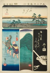 Shimada, Fujieda, Okabe, en Mariko, nr. 6 uit de serie "Uitknipsels van de Drieënvijftig Stations (Gojusan tsugi harimaze)"