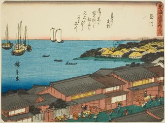 Shinagawa, uit de serie "Drieënvijftig Stations van de Tokaido (Tokaido gojusan tsugi)," ook bekend als de Tokaido met Gedicht (Kyoka iri Tokaido)