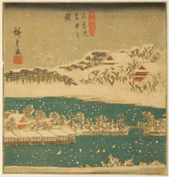Shinobazu Vijver in Vallende Sneeuw (Shinobazu ike setchu no zu), sectie van een blad uit de serie "Beroemde Zichten in de Oostelijke Hoofdstad (Toto meisho)"