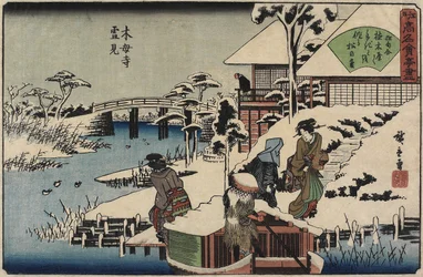 Sneeuwscène bij de Mokubo-ji tempel en het restaurant Uekiya, ca. 1835-1842
