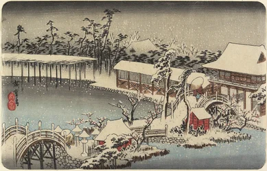Sneeuw op het terrein van het Kameido Tenman-heiligdom, 1832-1834