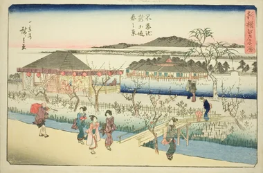 Lentezicht op de nieuwe dijk bij Shinobazu-vijver, uit de serie "Nieuw geselecteerde beroemde plaatsen in Edo"