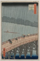 Plotselinge regenbui over Shin-Ōhashi-brug en Atake, uit de serie Honderd beroemde uitzichten van Edo