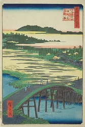 Sugatami Bridge, Omokage Bridge and the Gravel Pit at Takata (Takata Sugataminohashi Omokagenohashi jariba), No.116 uit de serie "Honderd beroemde vergezichten van Edo (Meisho Edo hyakkei)".