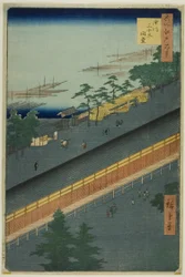 De hal van drieëndertig baaien in Fukagawa (Fukagawa Sanjusangendo), uit de serie "Honderd beroemde vergezichten van Edo (Meisho Edo hyakkei)".
