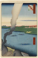 Tegelovens en Hashiba Veerboot, Sumida Rivier, Nr.37 uit Honderd Beroemde Zichten van Edo, 1857