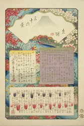 Titelpagina voor de serie "Zesendertig Zichten op de Berg Fuji (Meisho sanjurokkei)"