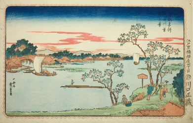 Uitzicht op bladerige kersenbomen langs de Sumida-rivier (Sumidagawa hazakura no kei), uit de serie "Beroemde uitzichten van de oostelijke hoofdstad (Toto Meisho)"