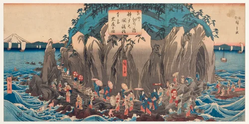 Uitzicht op een Bedevaart naar de Grot en het Heiligdom van Benzaiten in Enoshima, Sagami, c.1850-51