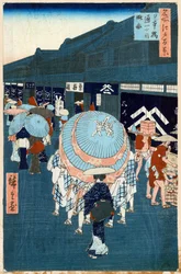 Zicht op de Eerste Straat op Nihonbashidori Honderd Beroemde Zichten van Edo, 1856-1858