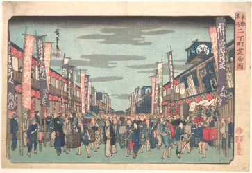 Gezicht op de kabukitheaters in Sakai-cho op de openingsdag van het nieuwe seizoen (Sakai-cho Shibai no Zu), uit de serie „Toto Meisho“