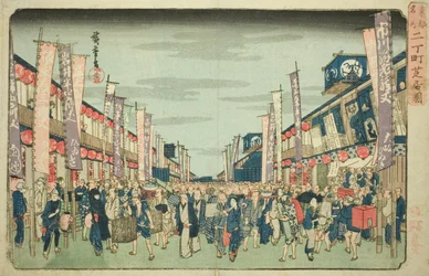 Uitzicht op de Theaters in Nichomachi (Nichomachi shibai no zu), uit de serie "Beroemde Plaatsen in de Oostelijke Hoofdstad (Toto meisho)"