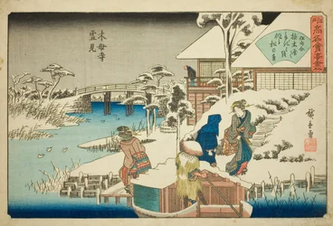 Sneeuw bekijken bij het Uekiya Restaurant bij de Mokubo Tempel (Mokuboji yukimi, Uekiya) uit de serie "Beroemde restaurants van Edo (Edo komei kaitei zukushi)"