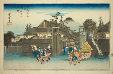 Wilgenboom bij de poort van de Shimabara Pleasure Quarter, uit de serie "Beroemde plaatsen in Kyoto"