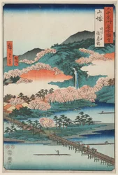 Provincie Yamashiro: De Togetsu-brug in de berg Arashi (Yamashiro, Arashiyama Togetsukyo), uit de serie "Beroemde plaatsen in de zestig provincies (Rokujuyoshu meisho zue)".
