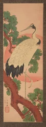 Kraanvogel op een dennentak voor een zonneschijf / Matsu ni tsuru
