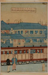 Een station, ca. 1870 (Japans houtsnededrieluik)