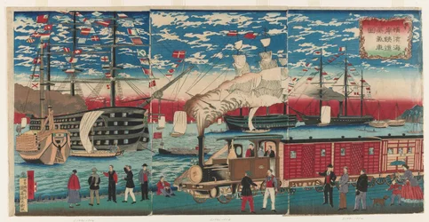 Afbeelding van een locomotief langs de waterkant van Yokohama, Yokohama, Edo periode