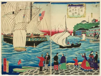 Ware weergave van de buitenlandse gebouwen langs de waterkant gezien vanaf de Yokohama-pieren