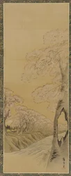 Landschap: bloeiende kersenbomen langs de oevers van een stroom, Edo-periode, 1615-1868