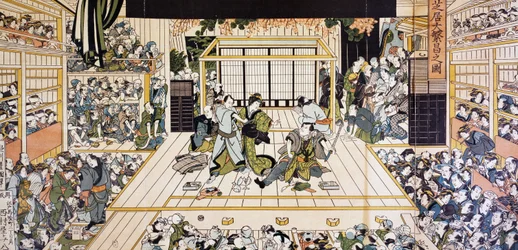 Kabuki theateruitvoering in Edo, ukiyo-e kunstprint door Utagawa Kunimaru (1794-1829), houtsnede, Japanse beschaving, Edo periode